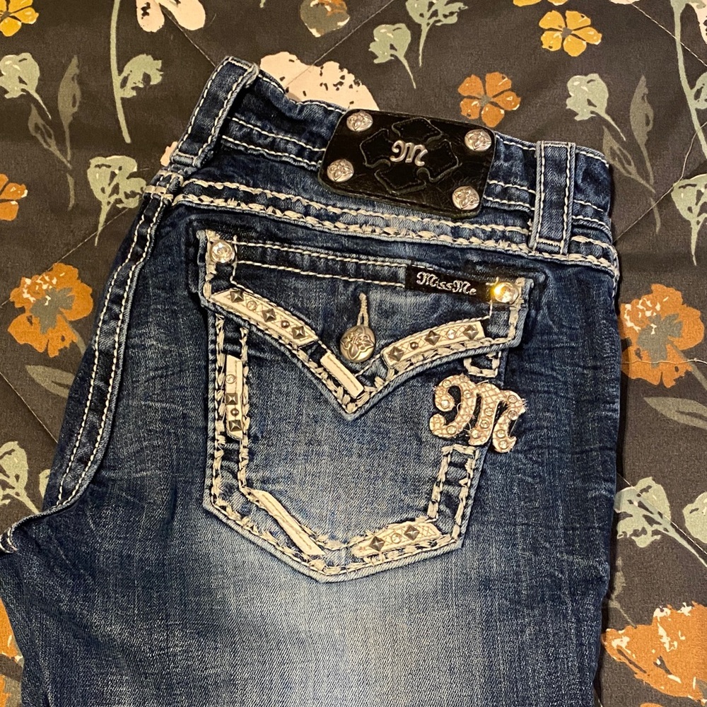 Miss Me Dark Blue Boot Cut Jeans with Embellished Design